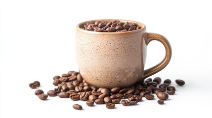 Naklejka premium Coffee mug with grinded coffee beans, isolated on a white background.