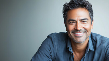 Obraz premium Casual and Friendly Hispanic Man in His 40s Smiling Warmly While Sitting in a Relaxed Pose Against a Solid Light Gray Background, Exuding Confidence and Approachability