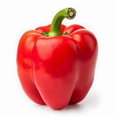 Single red bell pepper with green stem isolated on white background. Studio macro photography. Vegetable and healthy food concept. Design for poster, banner, print, sticker, greeting card

