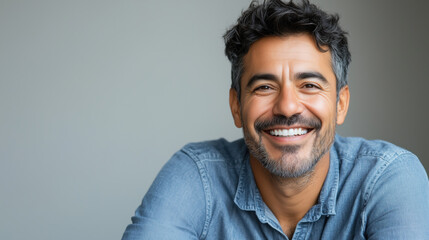 Fototapeta premium Casual and Friendly Hispanic Man in His 40s Smiling Warmly While Sitting in a Relaxed Pose Against a Solid Light Gray Background, Exuding Confidence and Approachability