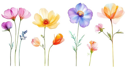 Naklejka premium Watercolor collection of colorful soft flowers. Flower isolated on white background. generative ai