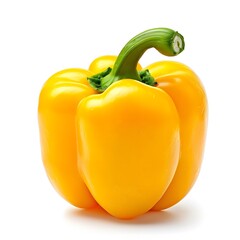 Single yellow bell pepper with green stem isolated on white background. Studio macro photography. Vegetable and healthy food concept. Design for poster, banner, print, sticker, greeting card

