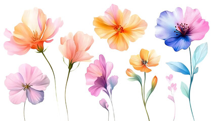 Fototapeta premium Watercolor collection of colorful soft flowers. Flower isolated on white background. generative ai