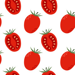Tomato seamless pattern. Whole and halves red vegetables on white background. Vector illustration. Hand drawn design for fabric print, wallpaper, paper, interior decor and more.