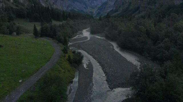 Le Giffre River in Sixt Fer A Cheval Nature Park, Summer Morning Walk in Nature park, french alps, France, 4k drone video