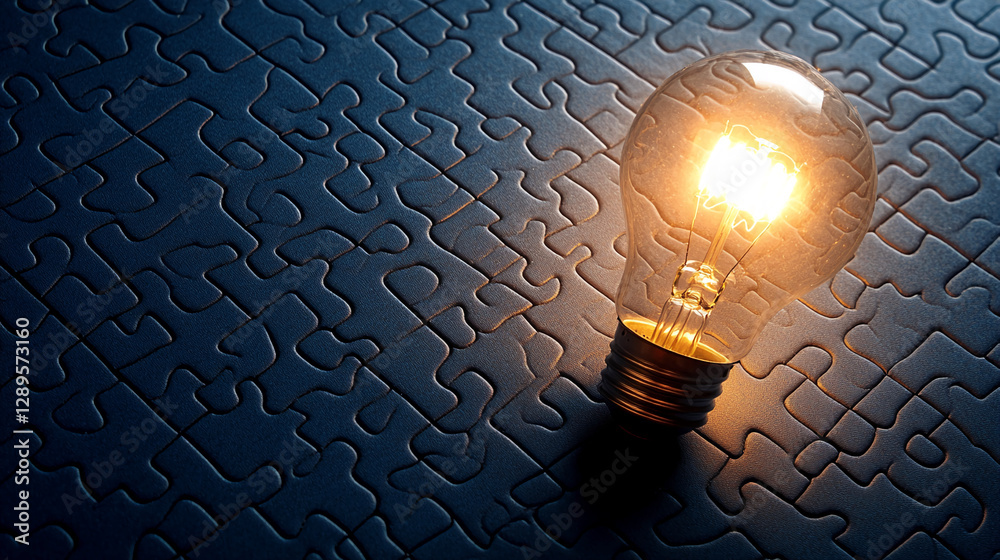Poster close-up view of a glowing lightbulb placed on a puzzle piece surface, symbolizing problem solving, 