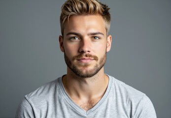 Fototapeta premium Portrait of Man with Blond Hair and Beard in Gray T-Shirt
