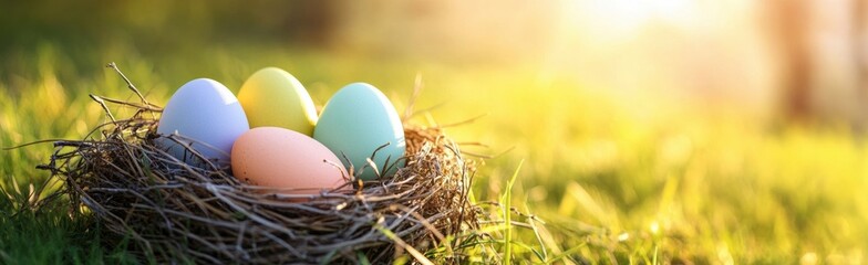 Obraz premium Colorful Easter eggs in a bird's nest on a green grass meadow with sun rays in the background, a banner concept with copy space Generative AI