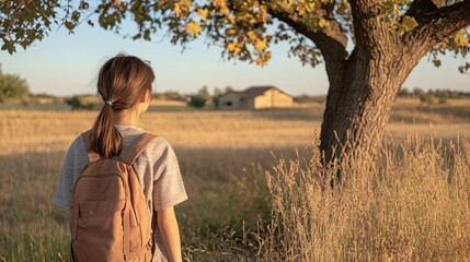 A Girl Standing in a Field Looking Towards a Building