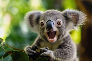 Fototapeta premium A cute koala grinning while perched on a tree branch, radiating joy and charm.