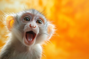 Obraz premium A cute baby monkey exhibiting a lively expression against an orange backdrop.