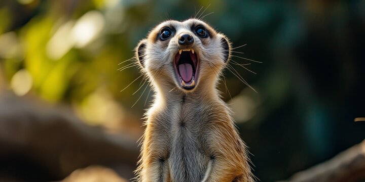 A lively meerkat captured mid-yell, showcasing a spirited expression full of energy.
