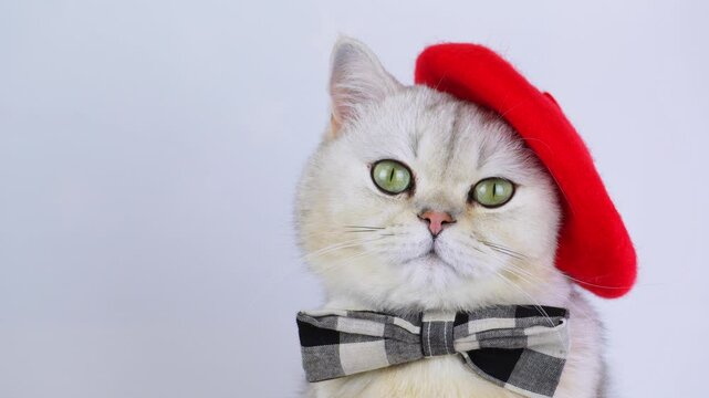 Playful cat wearing red beret licks lips and poses in style
