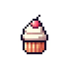 Fototapeta premium Pixel cupcake icon. Sweet pastries in pixel style of the 80s, 90s. Pixel cake for games, websites, animations. 8bit muffin icon. Vector sponge cake icon. Vintage cakes.