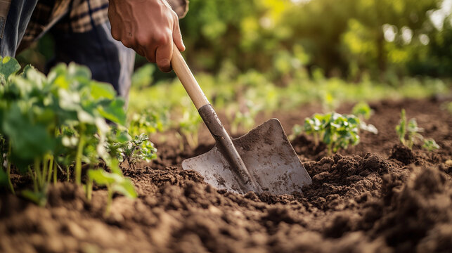  farmer's hand holding a Shovel and digging into the soil in a vegetable garden.