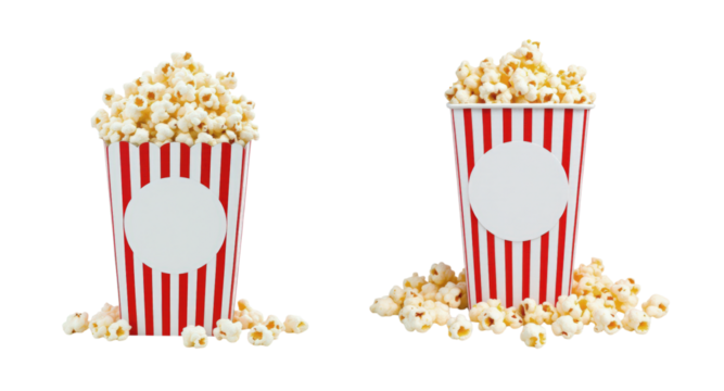 Overflowing Popcorn in Classic Red and White Striped Buckets, Capturing the Essence of Cinema Snack Time and Entertainment, Isolated on Transparent and White Background