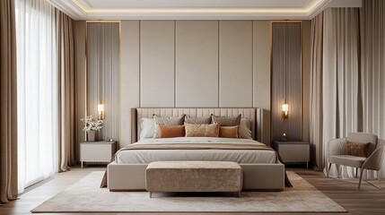Design a modern bedroom with a chic and sophisticated look for a home or hotel