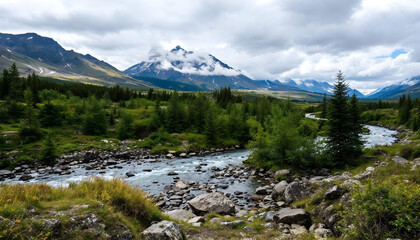 river in the forest with a mountain landscape
