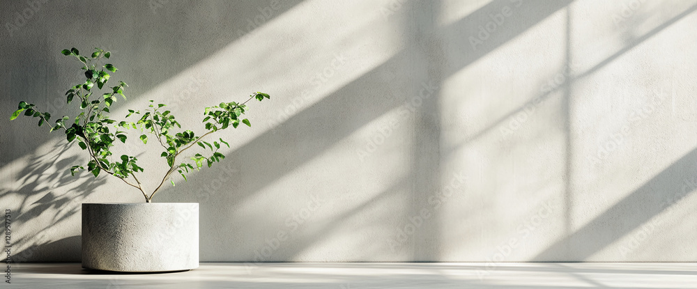 Poster a tree in a concrete pot positioned under sunlight casting soft shadows on a light gray wall, creati