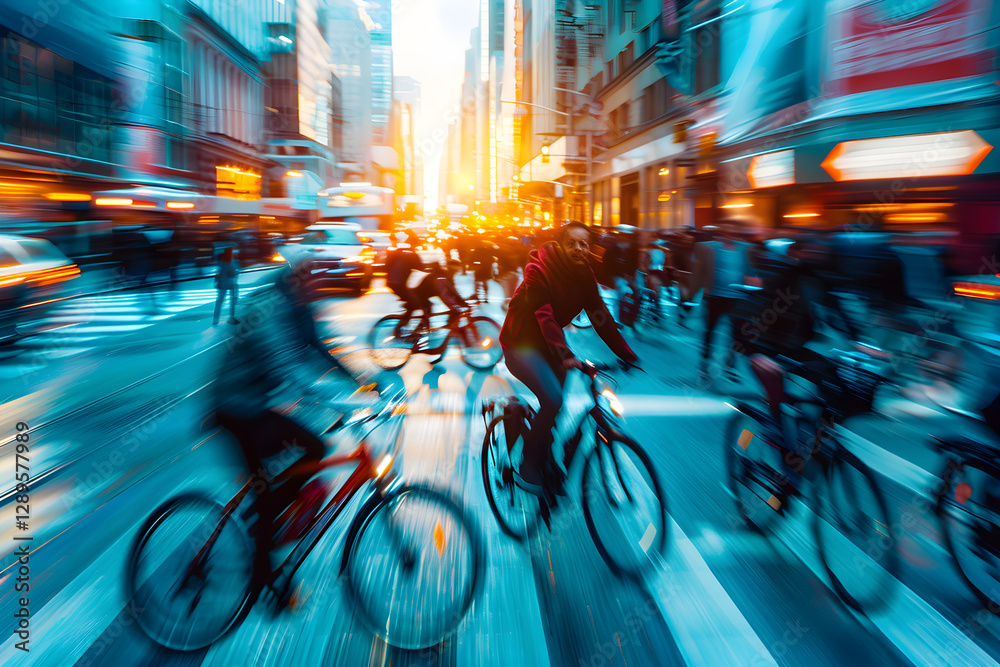 Wall mural Vibrant Energy of Urban Rush Hour: A Blurred City Street of Pedestrians and Cyclists in Motion at Dusk