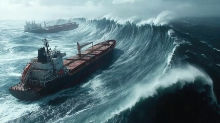 Cargo ships navigate immense ocean waves.