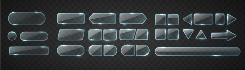 Glass buttons set for game and web. Transparent shapes with broken glass isolated on dark background. Different glass symbols with glares and light