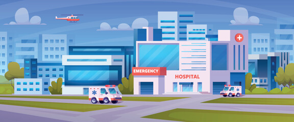 City hospital landscape. Medical center yard clinic modern buildings facade outdoor background, ambulance emergency office healthcare medicine house, swanky vector illustration