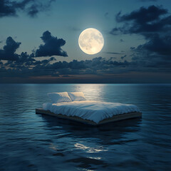 Moonlit tranquility on a serene bed floating in calm waters at night. Generative AI