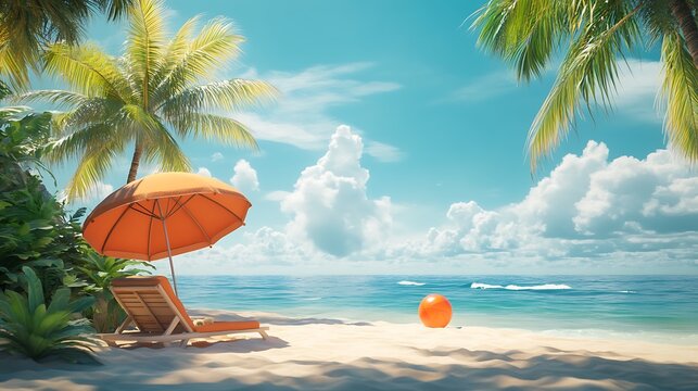 A sunny beach scene with orange umbrella and palm trees