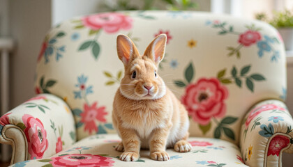 Fototapeta na wymiar Adorable bunny sitting on vintage flowered chair, home serenity