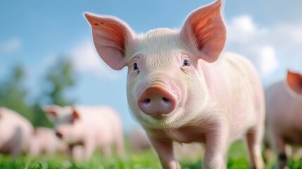 Fototapeta premium A piglet stands in a field of green grass with other pigs blurred in the background, against a bright blue sky, looking directly at the camera.