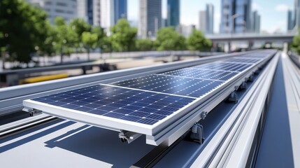 Solar panels installed on a city rooftop, with a backdrop of skyscrapers and trees, showcasing urban renewable energy implementation.
