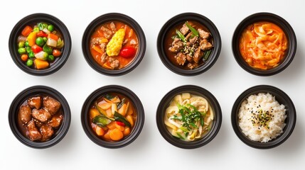 asian takeaway food bowls on white background