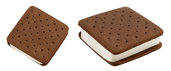 Ice cream sandwich with brown cookies isolated on white background. Top view. Flat lay