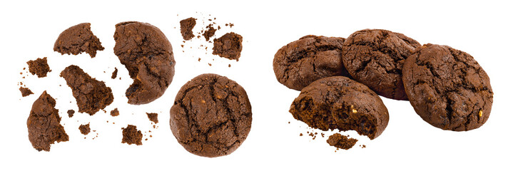 chocolate cookies broken isolated on white background with full depth of field. Top view. Flat lay