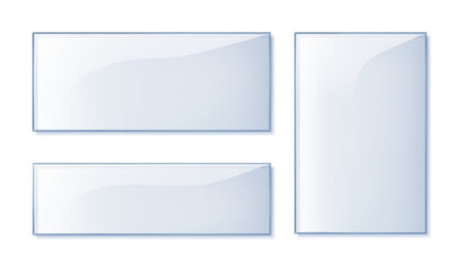 Glass plate transparent. Clear glass showcase isolated set. Clear rectangular plate, Plexiglas, realistic window mockup PNG
