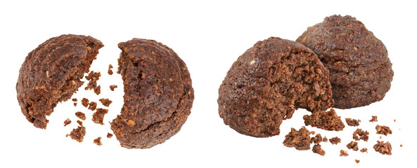 chocolate cookie with kerob, banana, nuts isolated on white background. gluten-free, flour-free. Top view