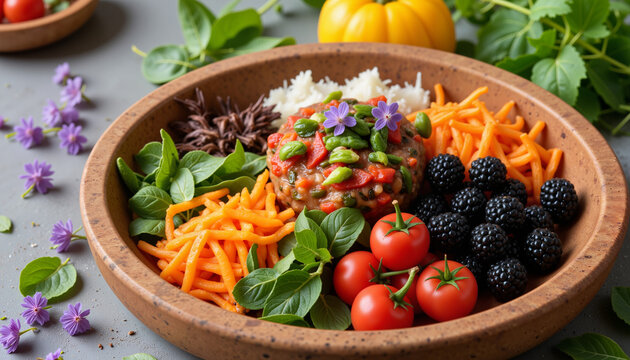 Vibrant anti-inflammatory food bowl with seasonal ingredients, healthfulness