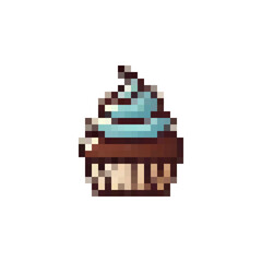 Fototapeta premium Pixel cupcake icon. Sweet pastries in pixel style of the 80s, 90s. Pixel cake for games, websites, animations. 8bit muffin icon. Vector sponge cake icon. Vintage cakes.