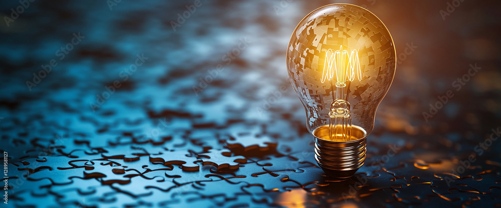 Poster a glowing lightbulb placed on a jigsaw puzzle, symbolizing creativity, problem-solving, and the proc