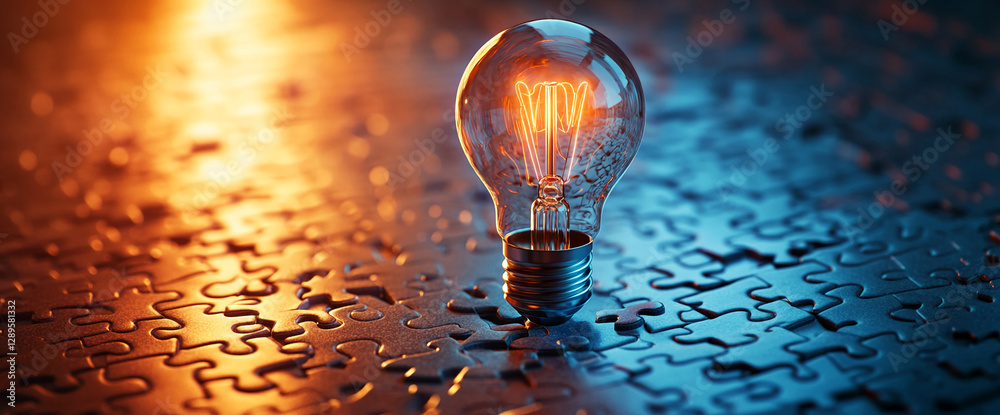 Poster a glowing lightbulb placed on a jigsaw puzzle, symbolizing the process of finding solutions, creativ