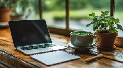Laptop, notebook, tea, window view, work space