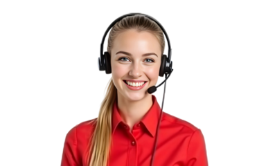 Smiling call center agent with headset, isolated on transparent background