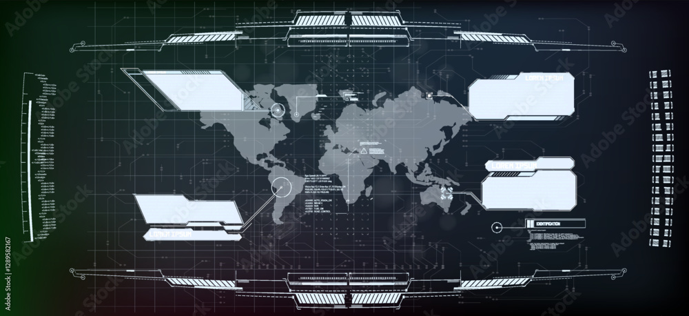 Poster digital world map display with interactive data panels and futuristic design elements.