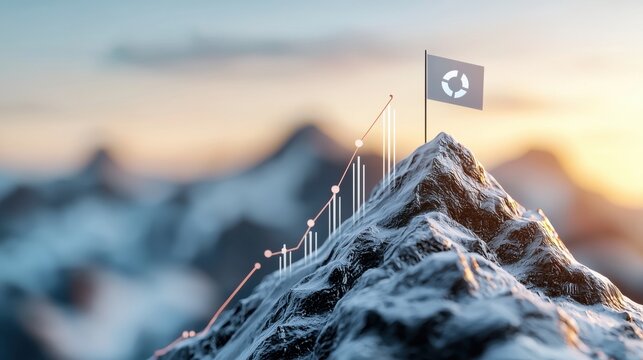 A mountain peak with a rising graph and a flag featuring a recycling symbol, symbolizing growth in sustainabil