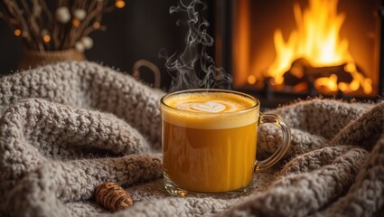 Cozy winter scene with golden turmeric latte honey and a warm fire inviting relaxation and comfort on a cold day
