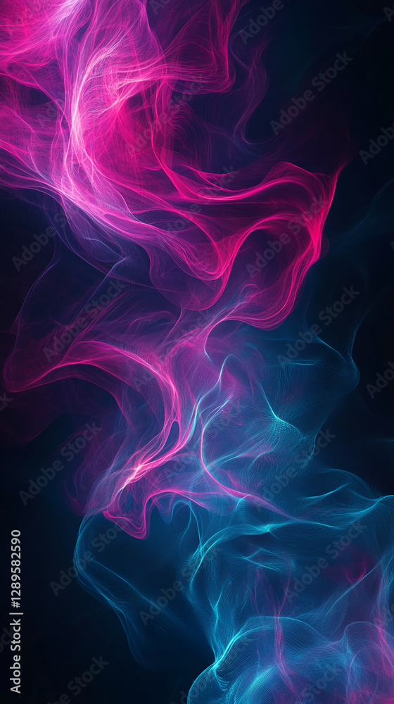 Poster Abstract glowing pink and blue fluid light waves on a dark background, creating a dynamic and vibrant atmosphere, representing energy, movement, and digital art.