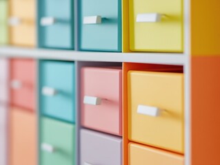 colorful pastel drawers in a cabinet.