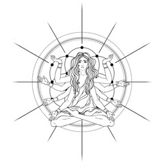 Beautiful woman with long hair and multiple hands sitting in lotus yoga position. Multi-armed goddess is Goddess Lakshmi, the Hindu goddess of wealth, fortune, and prosperity. Vector detailed isolated
