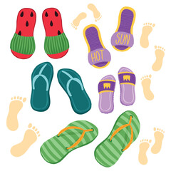 Vector set of beach footwear for the whole family, bright and colorful illustration in cartoon style